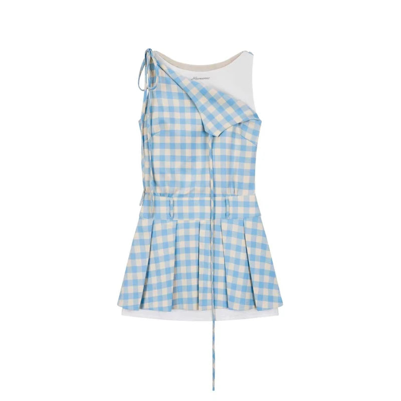 Koisoon 2000s Vintage Blue Plaid Fake Two Piece Dress Women Casual Retro Y2k Mini Dress Summer 2024 Japanese Fashion Sweet Cute Dress