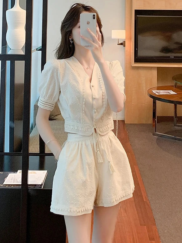 Koisoon Summer New In Women's Shorts Matching Sets Korean Elegant Lace Chiffon Short Sleeve Wide Leg Shorts Plus Size Two Piece Set