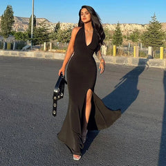 Koisoon New Black Maxi Dress Women Summer Sexy Backless Sleeveless Halter Party Split Dress Simple Fashion Casual Elegant A-LINE Dresses