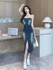 Koisoon Sleeveless Women Denim Suspender Dress Summer New Midi Blue Korean Fashion Strapless Streetwear Female Off Shoulder Slit Dresses