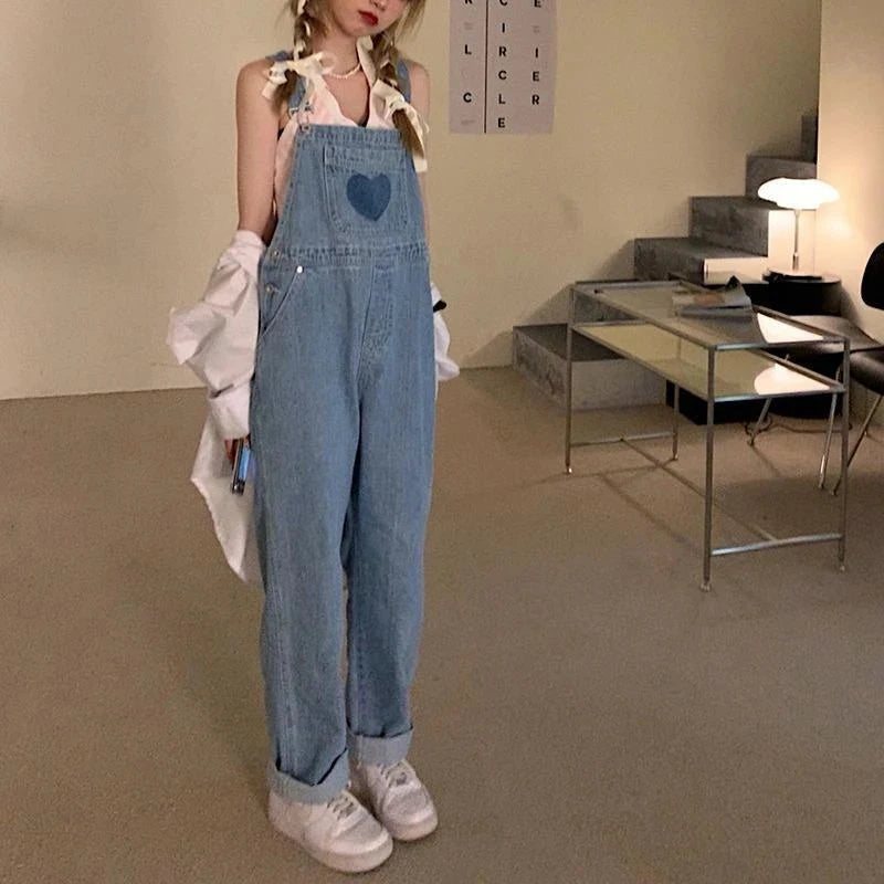 Koisoon Vintage Denim Overalls Women Streetwear Sweet Cute High Waist Wide Leg Jumpsuit Student Harajuku Casual Suspender Pants