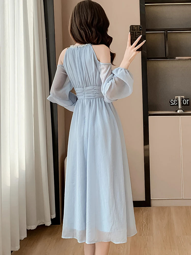 Koisoon Women Blue Chiffon Off Shoulder Sexy Long Dress Spring Elegant Chic Diamonds Casual Dress 2024 Korean Fashion Bodycon Prom Dress