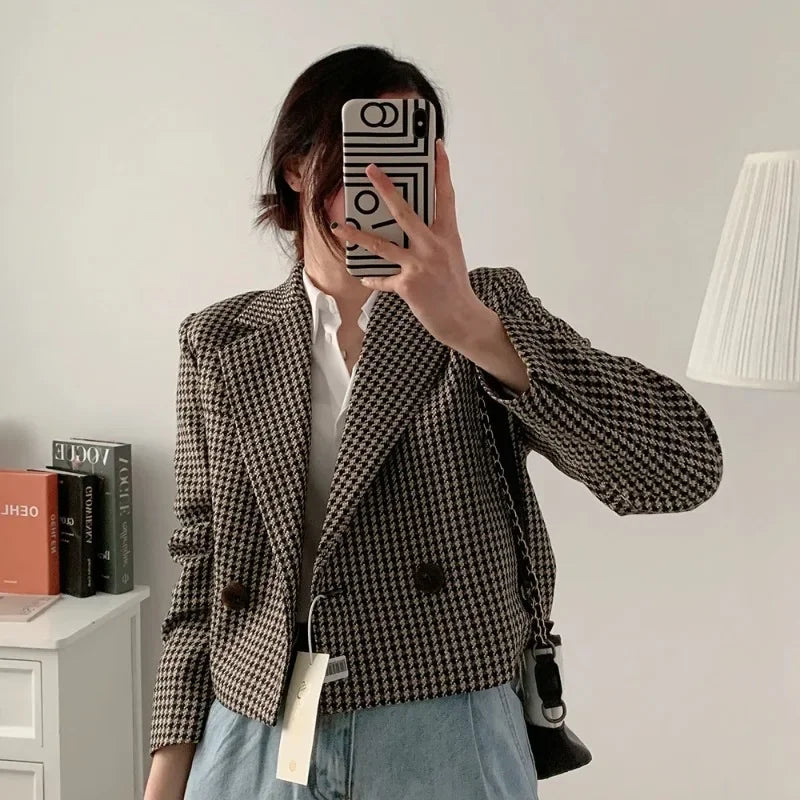 Koisoon Spring Autumn Vintage Plaid Crop Blazer Top Chic Elegant Office Clothing Lady Streetwear Suit Jacket Women Double Breasted Coats