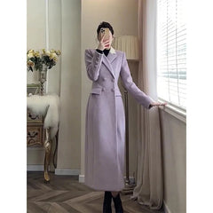 Koisoon Elegant Long Wool Blends Coats Women Korean Quilted Blazer Jackets Double Breasted Woolen Overcoat Winter Thick Outerwear