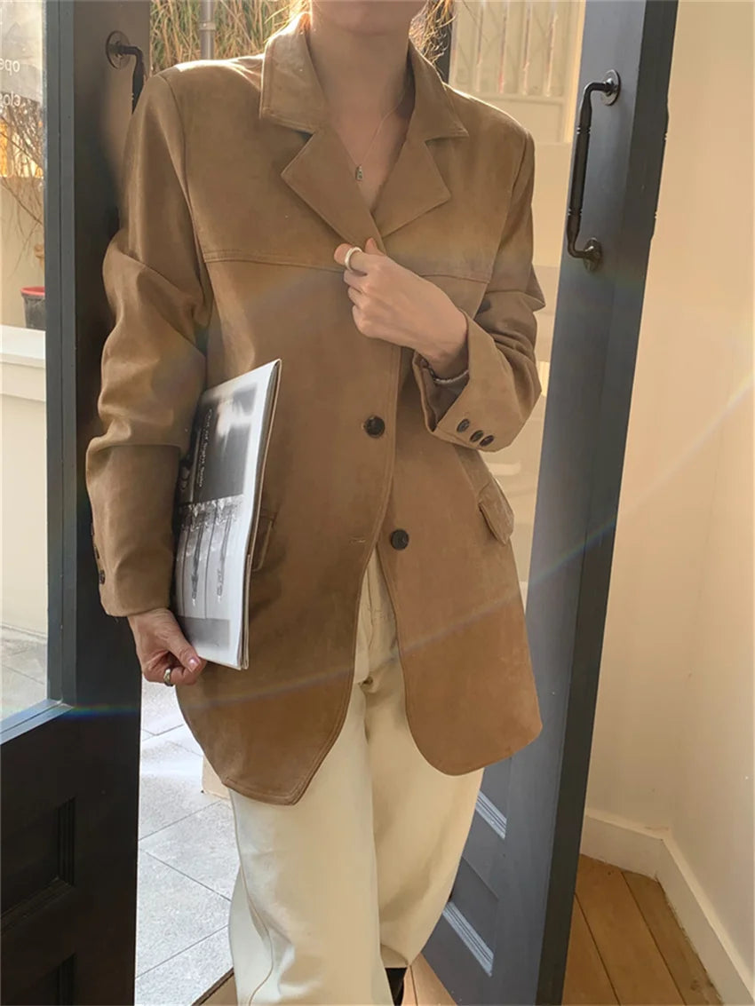 Koisoon M-L Women Chamois Blazers Chic Elegant Office Lady High Street Slim 2024 Minimalist Vintage Spring Daily Coats