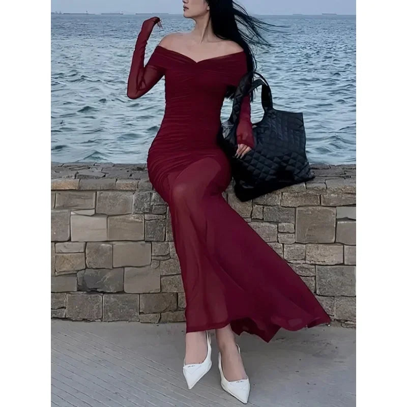 Koisoon Sexy V-neck Ruched Evening Dress Women Red Retro Long Sleeve Sheer Mesh Fishtail Maxi Long One-piece Formal Party Gown