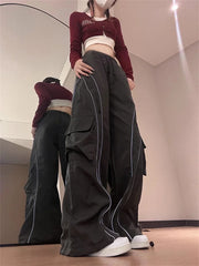 Koisoon Y2K Streetwear Black Cargo Pants Women Hip Hop Striped Oversized Track Pants American Retro Basic Wide Leg Sweatpants