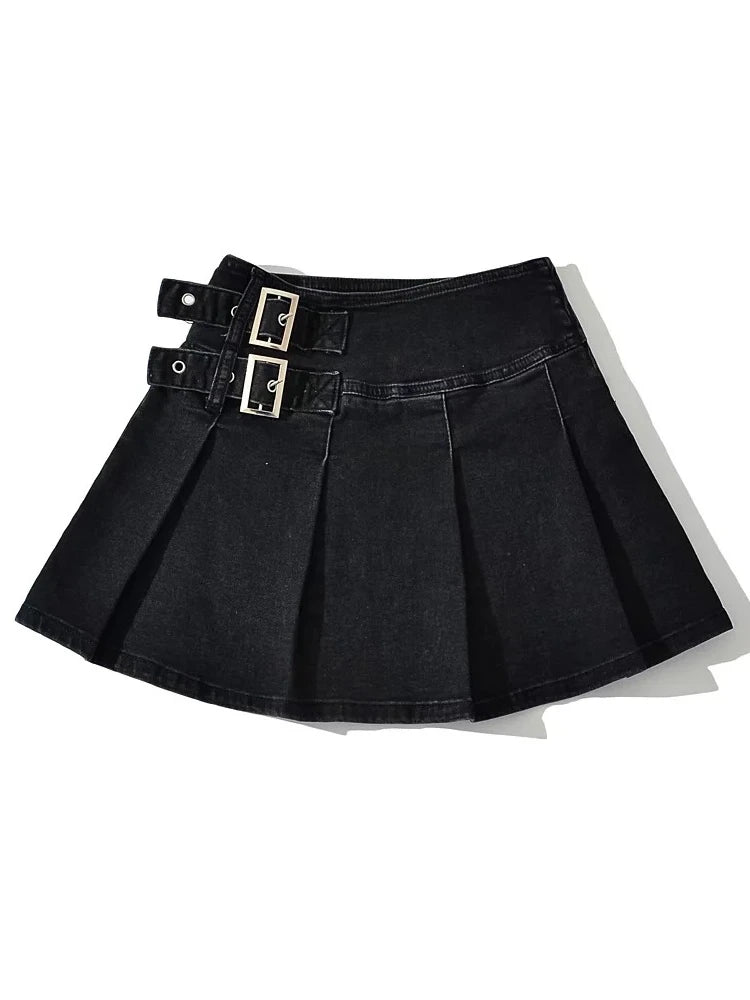 Koisoon Summer New TARUXY Denim Y2k Skirt with Pleats and Belt 90s E-girl Korean Skirts For Women High Street Jeans Short Bottom