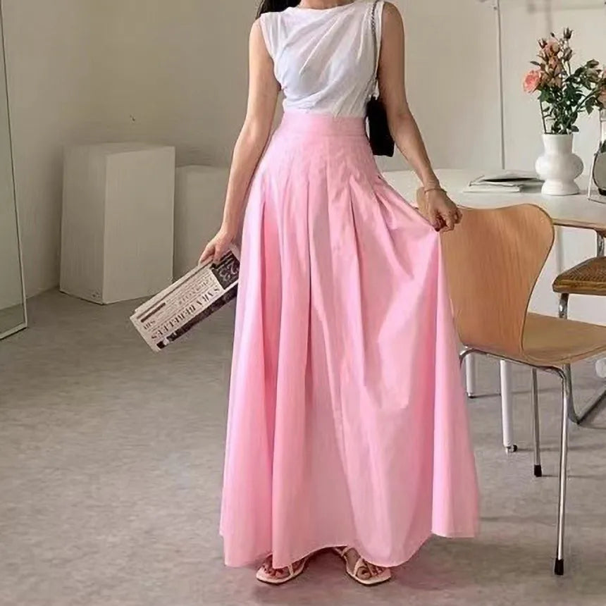 Koisoon Elegant Women Long Pleated Skirts For Female Casual Loose A-Line High Elastic Waist Maxi Skirt 2024 Spring Summer