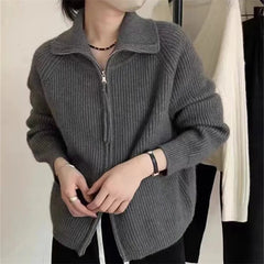 Koisoon Autumn Winter Double Zipper Sweater Women Korean Fashion Long Sleeve Knitted Cardigans Female Stand-up Collar Knitting Coat