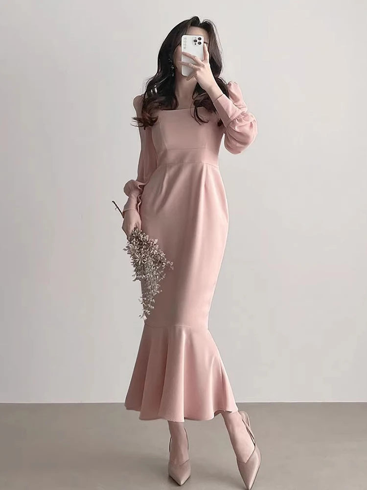 Koisoon Square Collar Vestidos Mujer Korean Chic Tunic Women Dresses Fishtail Dress Long Sleeve Vestido 2024 New Elegant Robes