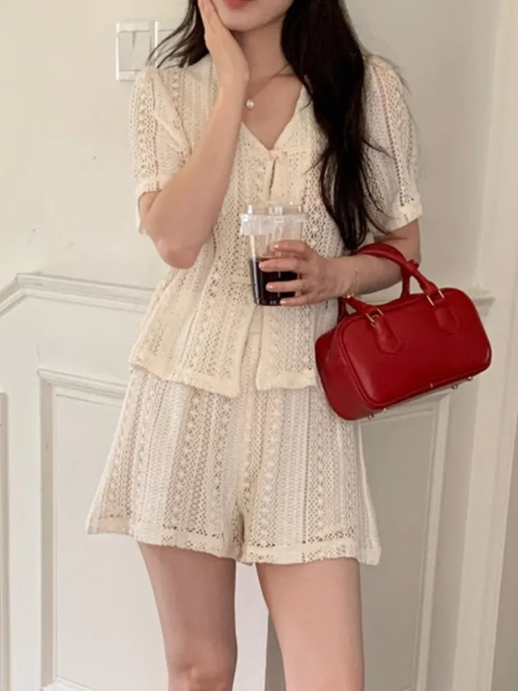 Koisoon Summer Casual Hollow Out Two-piece Clothing Set Women V-neck Cropped Top + Solid Shorts Korean Chic Elegant Lady Outfits New