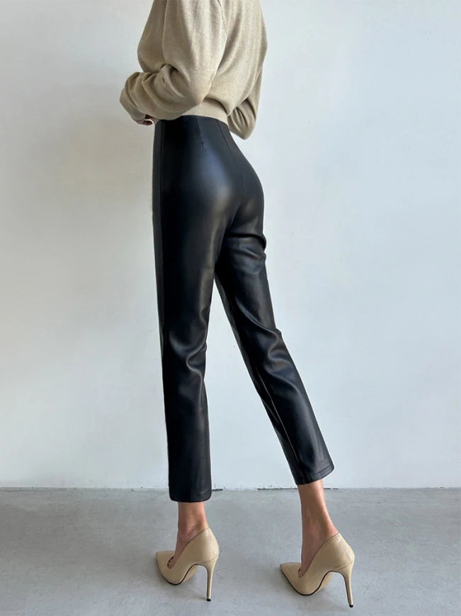 Koisoon Fashion Pencil Pants High Waist Slim Female PU Leather Trousers Autumn Winter Elegant Casual Ladies Solid