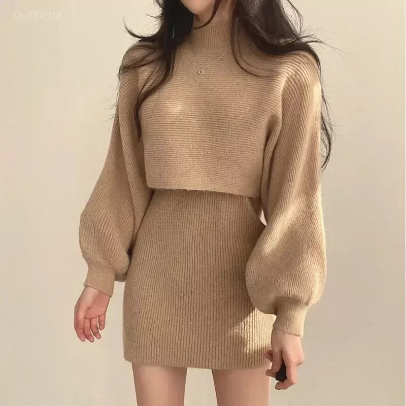 Koisoon Two Piece Set Female Sweater Dress Autumn Winter High Waist Knitted Femme Short Party Es Elegant Slim Black Sexy