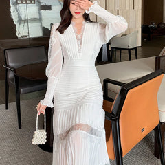 Koisoon Elegant Women Runway Designer Lantern Full Sleeve Dress Female Laces Patchwork V-Neck Midi Party Dresses Vestidos 2024