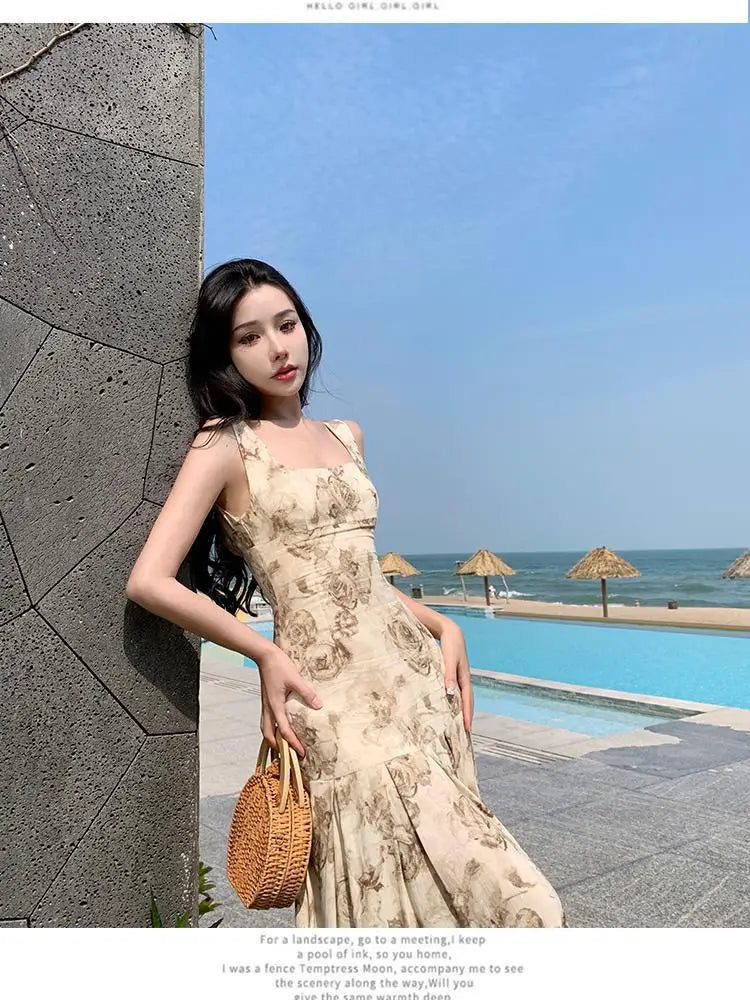 Koisoon Rose Floral Printing  Ruffles Slip Long Dresses Bohemian Backless Sleeveless Women Summer Beach Travel Party Wear Ladies Vintage