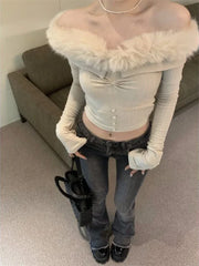 Koisoon 2024 Y2K Aesthetic Sexy Off Shoulder T Shirts Women Elegant Slim Crop Tops Korean Youthful Spliced Fur Collar Tees Fairycore