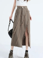 Koisoon Ladies Irregular High Waist Chic Midi Skirt Casual Versatile Personality Split Fur Edge Tassel Denim A-Line Skirt