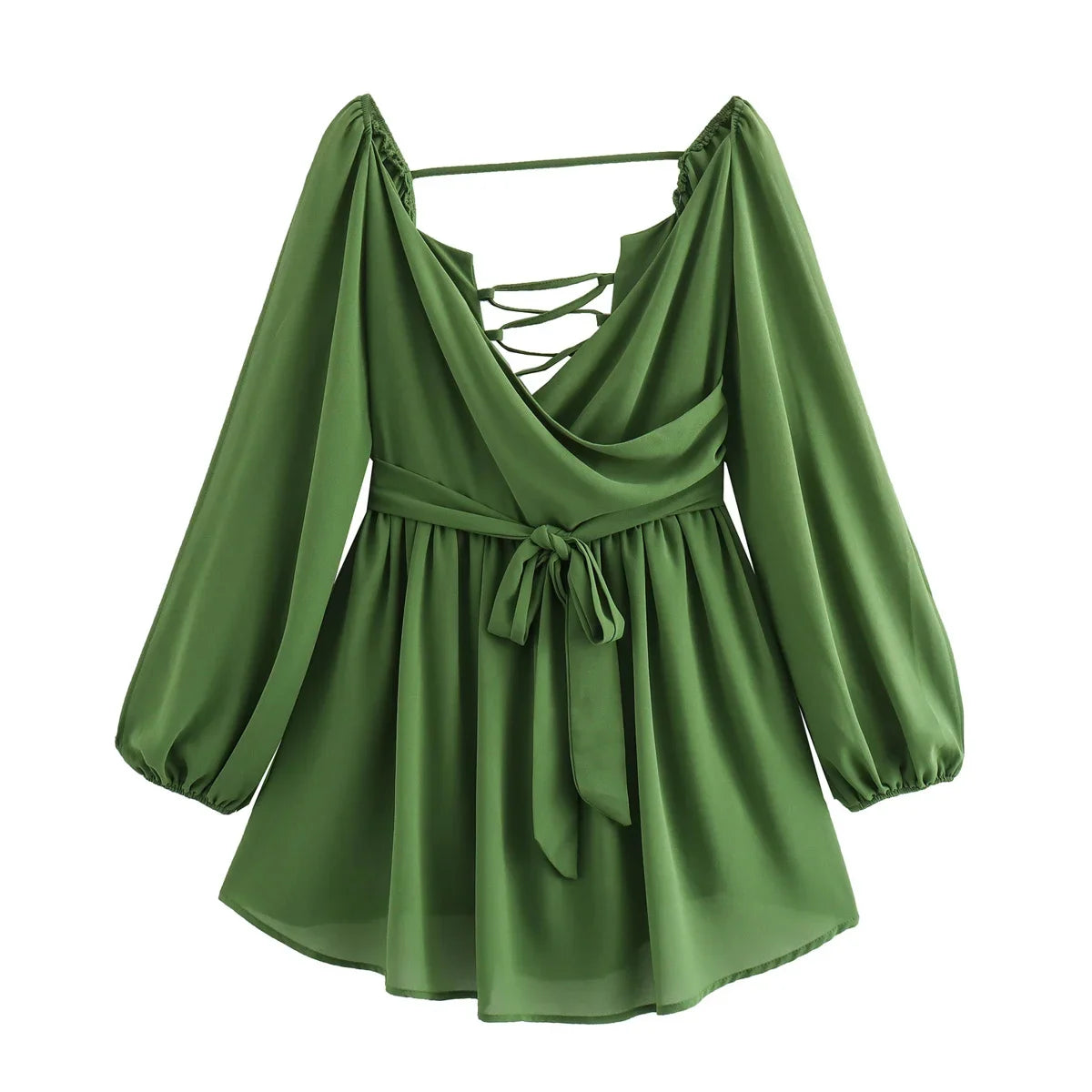 Koisoon Sexy Green Pleated Mini Dress for Women Elegant V-neck Split Long Sleeve A-line Dresses Summer Lady Solid Backless Lace Up Robes