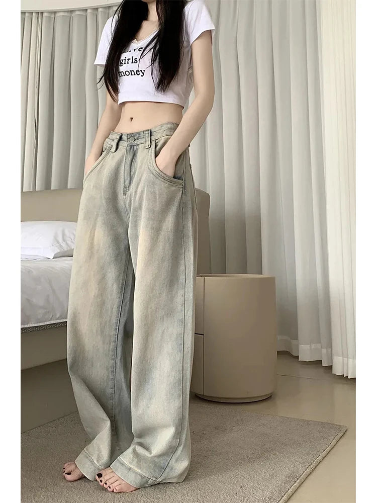 Koisoon American Vintage Women Baggy Wash Denim Pants Harajuku Fashion Japanese Low Rise Jeans Loose Long Trousers Harajuku Y2k Grunge