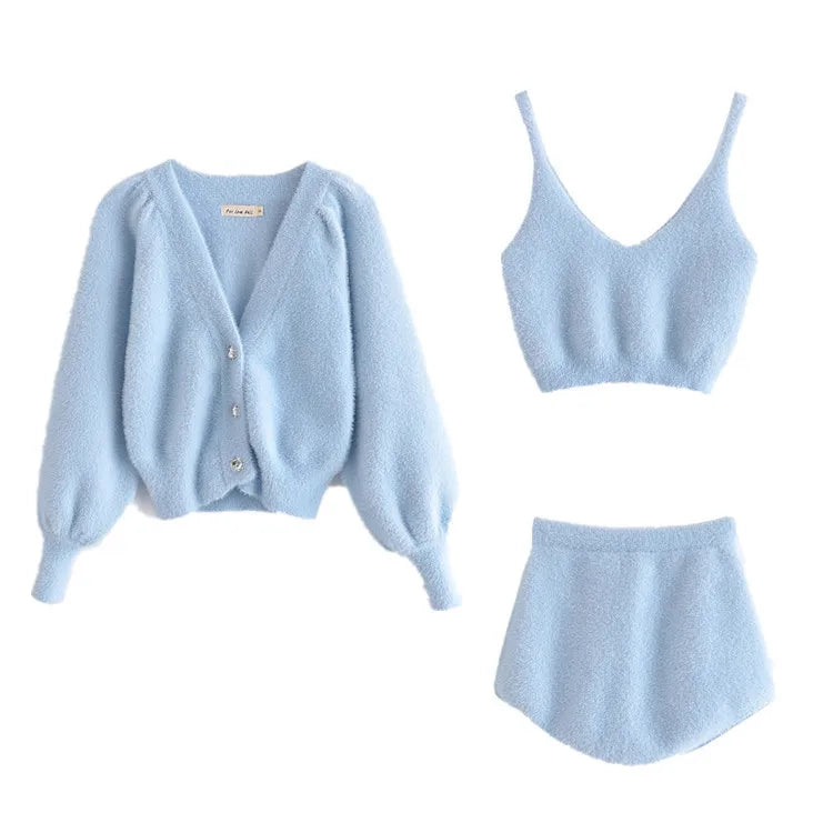 Koisoon Women Two Piece Sets Outfits White Plush Mohair Drill Button Cardigan Coats With Bra Tops And Mini Shorts Matching Sets