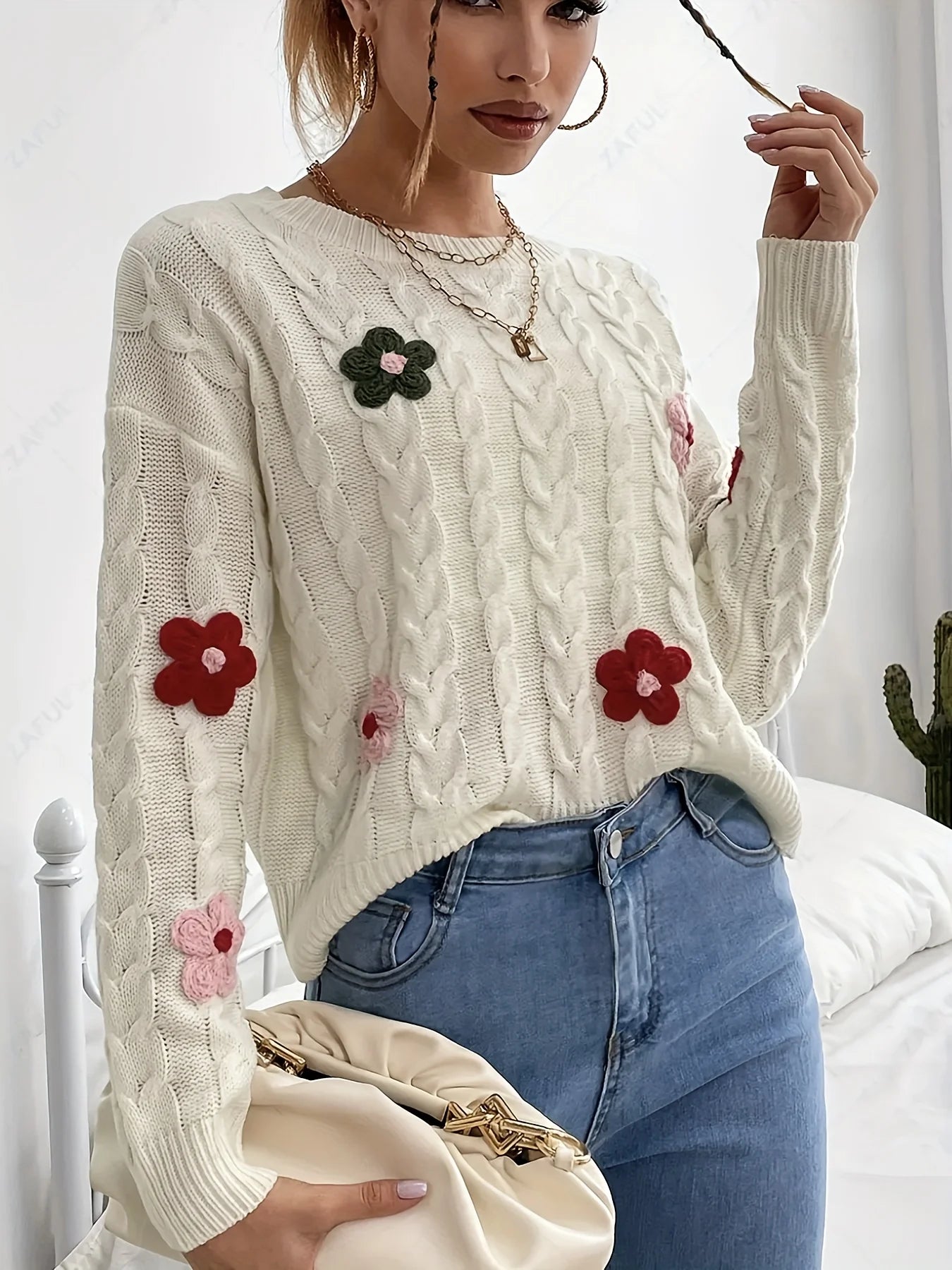 Koisoon 2024 New Wear Cute Flower Pattern Twist Weave Versatile Round Neck Pullover Knit Sweater