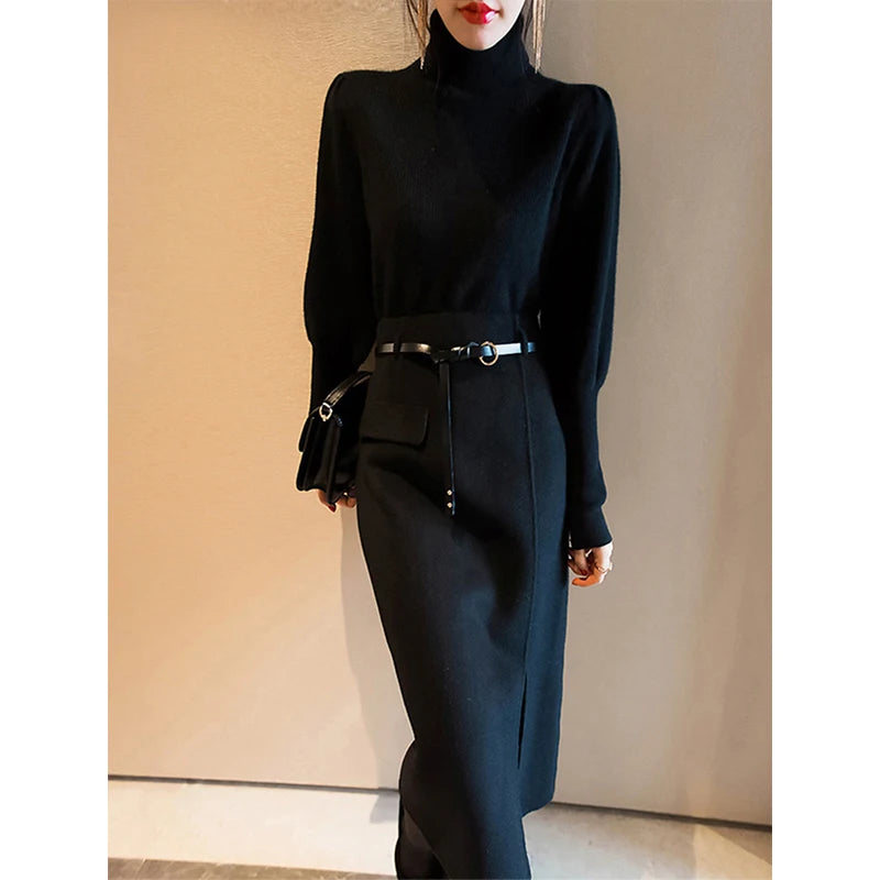 Koisoon Elegant Belt Woolen Midi Skirt Women Black Slit Hip Wrap Skirts Fall Winter Ladies Korean High Waist Slim A Line Skirt New