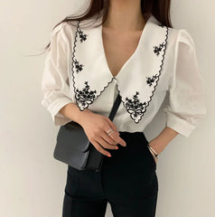 Koisoon Korean Elegant Embroidery Lace Women Blouse Vintage Flower Half Sleeve White Shirt Spring Autumn Women Top