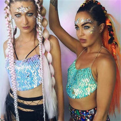 Koisoon Boho Crop Top with Shiny Sequins for Women Backless Tank Tops Sexy Halter Off Shoulder Party Outfit Club Rave Festival Cam