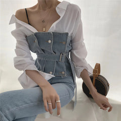 Koisoon Vintage Women Loose White Turn Down Collar Shirts Blouses Full Sleeve Casual Tops Blusas Sleeveless Denim Jackets Vest