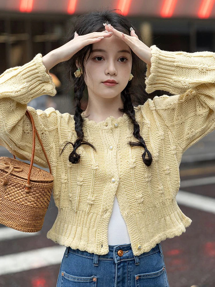 Koisoon Korean Ruffles Women Cardigan Sweet Preppy Style Elegant Knitting Sweaters Streetwear Loose Long Sleeve Design Casual Tops