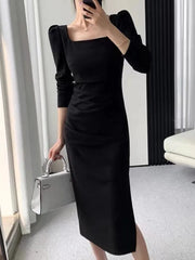 Koisoon Party Dresses Women Long Sleeve Streetwear French Style Dress Office Lady Solid Midi Zipper New Autumn Vestidos Female Mujers