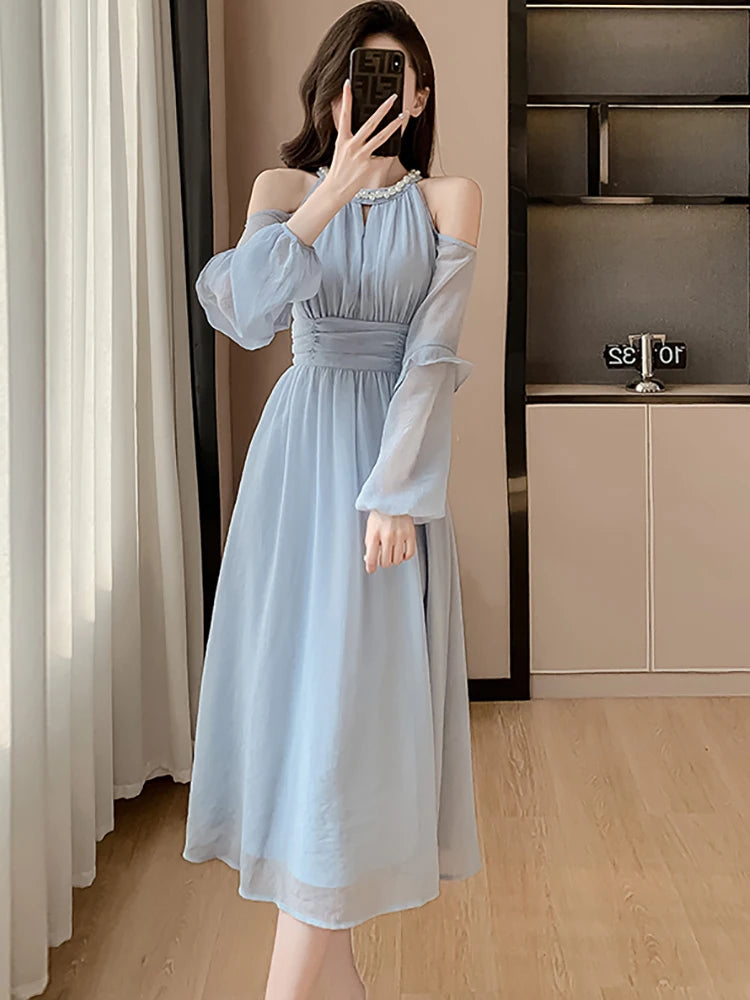 Koisoon Women Blue Chiffon Off Shoulder Sexy Long Dress Spring Elegant Chic Diamonds Casual Dress 2024 Korean Fashion Bodycon Prom Dress