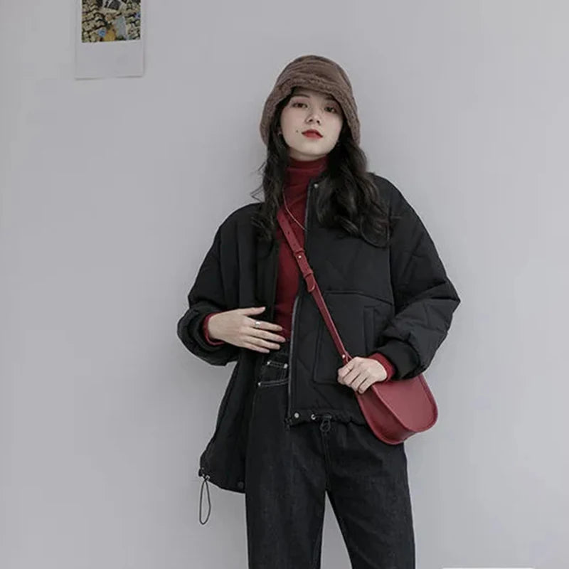 Koisoon Korean Women Parkas Casual Elegant Designed Pocket Female Puffer Coats Fashion All Match Student Drawstring Loose Jacket