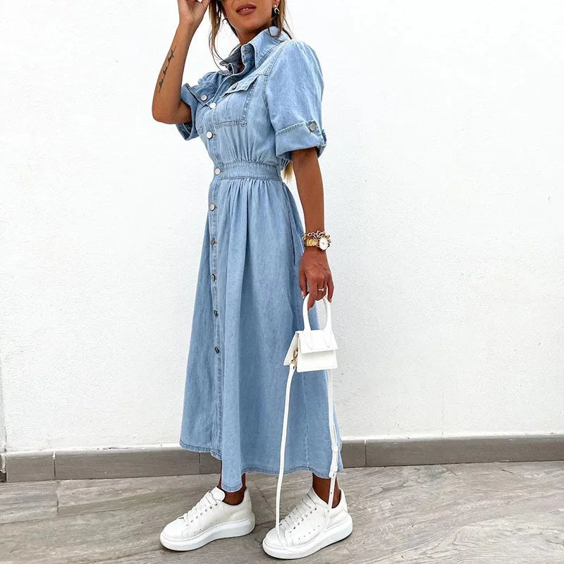 Koisoon New Turn-down Collar Short Sleeve Summer Dress Women's Single Breasted Pocket Casual Dress Denim High Waist Pleated 2024 Dresses