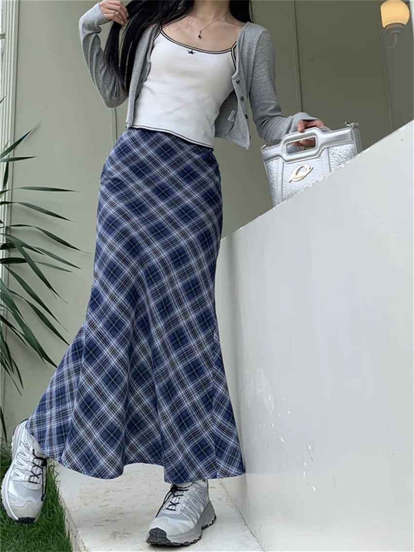 Koisoon Women Trumpets Summer Plaid Long Skirts Slim Chic High Waist Casual Office Lady Streetwear Vintage Mermaid OL