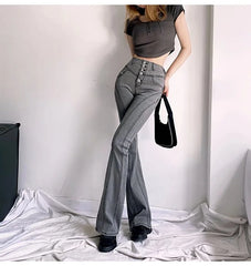 Koisoon Gray Stretch Flare Jeans For Women High Waist Women's Skinny Denim Pants With Buttons Women Flare Leg Jeans Stretch Trousers