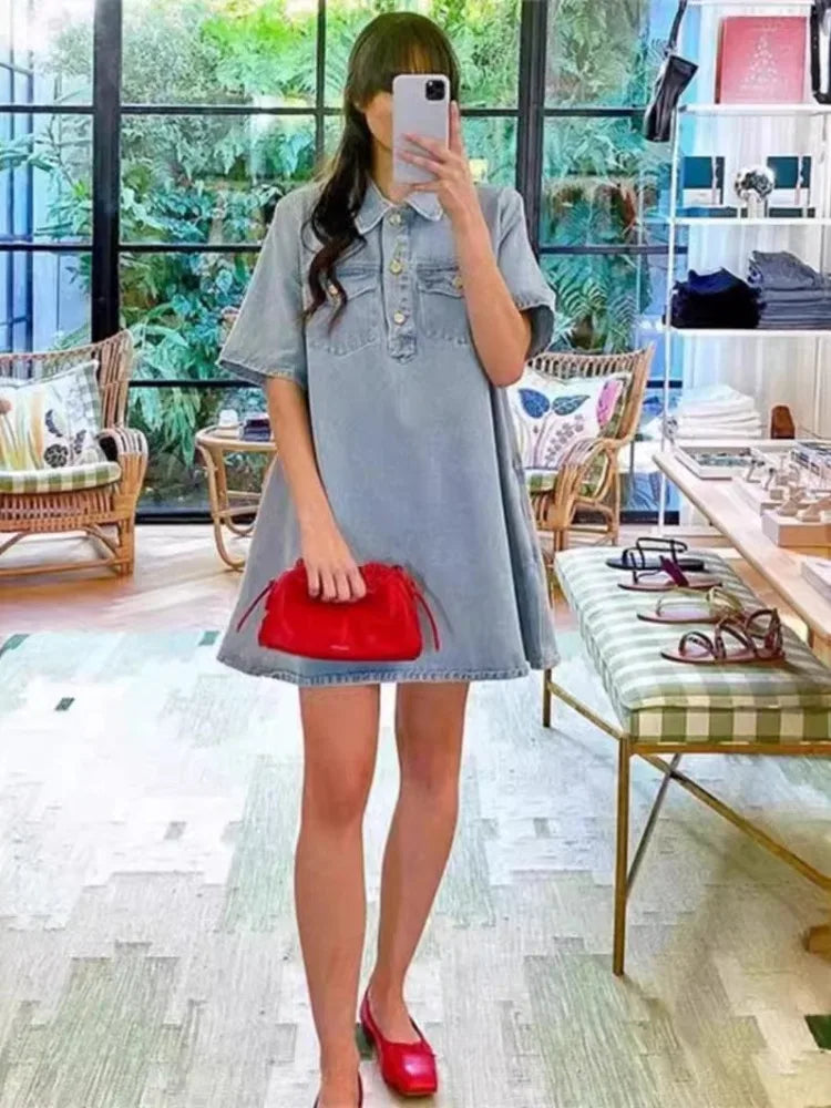 Koisoon Summer Blue Denim Mini Dress Women Fashion Turn-down Collar Loose  A-line Dress 2024 Short Sleeve Casual Dress Streetwear