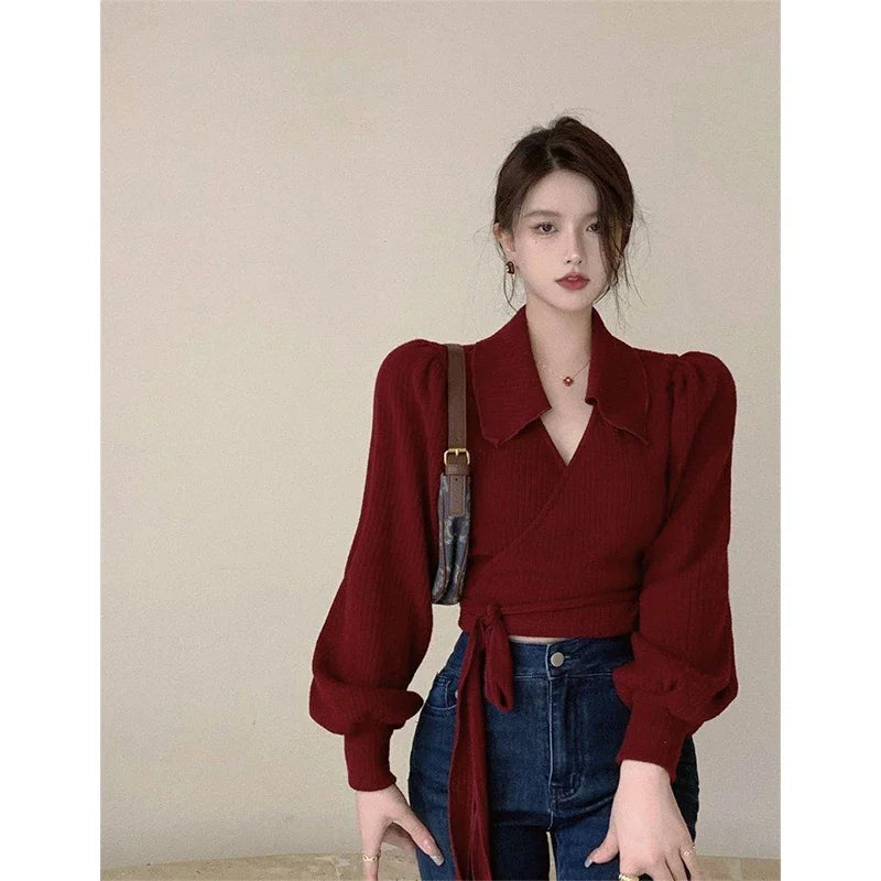 Koisoon Vintage Cropped Sweater Women Bandage Knitted Pullovers Streetwear Korean Lantern Sleeve Knitwear Elegant Bodycon Jumpers