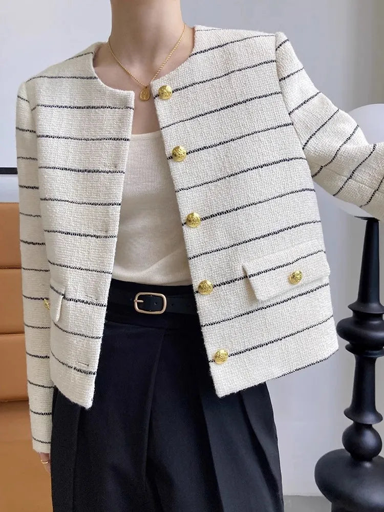 Koisoon Women's Striped Flap Coat Fashion Tweed Jackets for Women 2023 Ropa Mujer Temperament Tunic Vintage Korean Coats