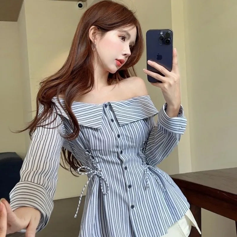 Koisoon Off Shoulder Elegant and Youth Woman Blouses Korean Style Striped Shirt Gyaru Fashion Harajuku Long Sleeve Top Chic Spring