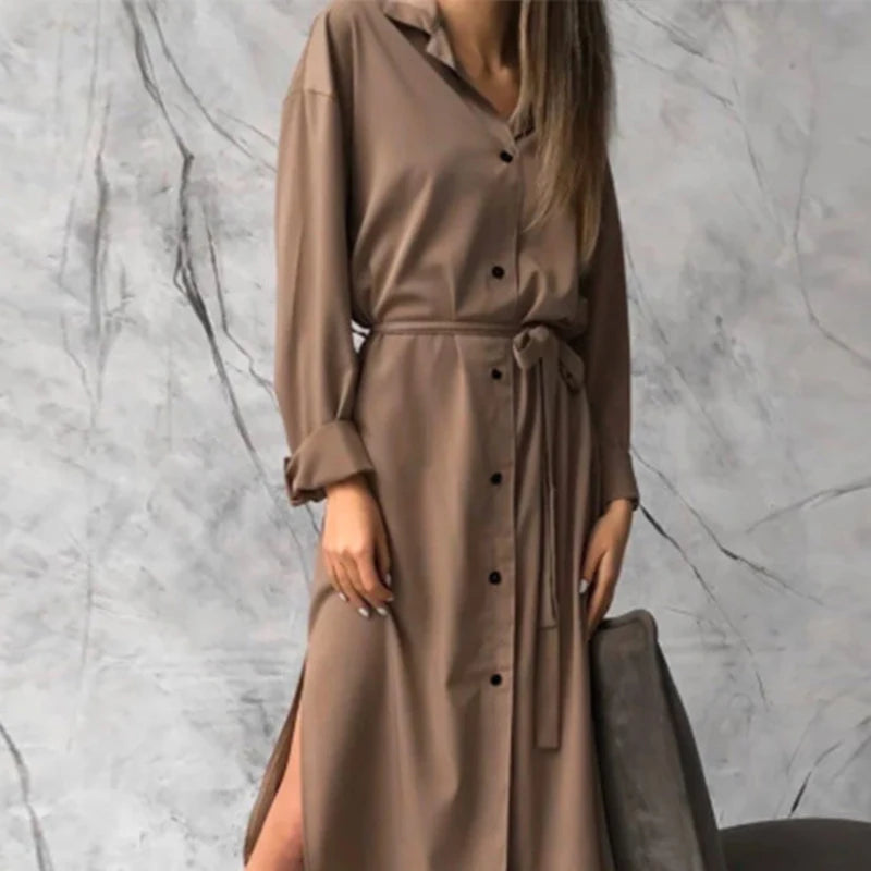 Koisoon Spring Single-breasted Satin Party Dress Women Elegant Turn-down Collar Long Shirt Dress Autumn Long Sleeve Split Office Dresses