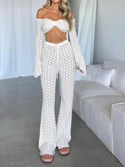 Koisoon Hollow Out Crochet Knit Pants Sets Women Casual Two-Piece Outfit See Through Long Sleeve Crop Tops+High Waist Long Pants