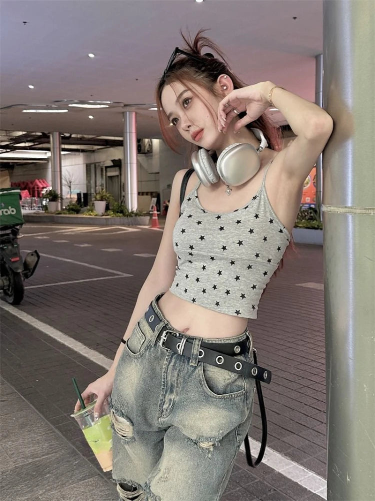 Koisoon Aesthetic Fashion Y2k Streetwear Camisole Japanese Preppy Star Print Tank Tops Summer All Match Grunge Bottoming Tanks Outwear