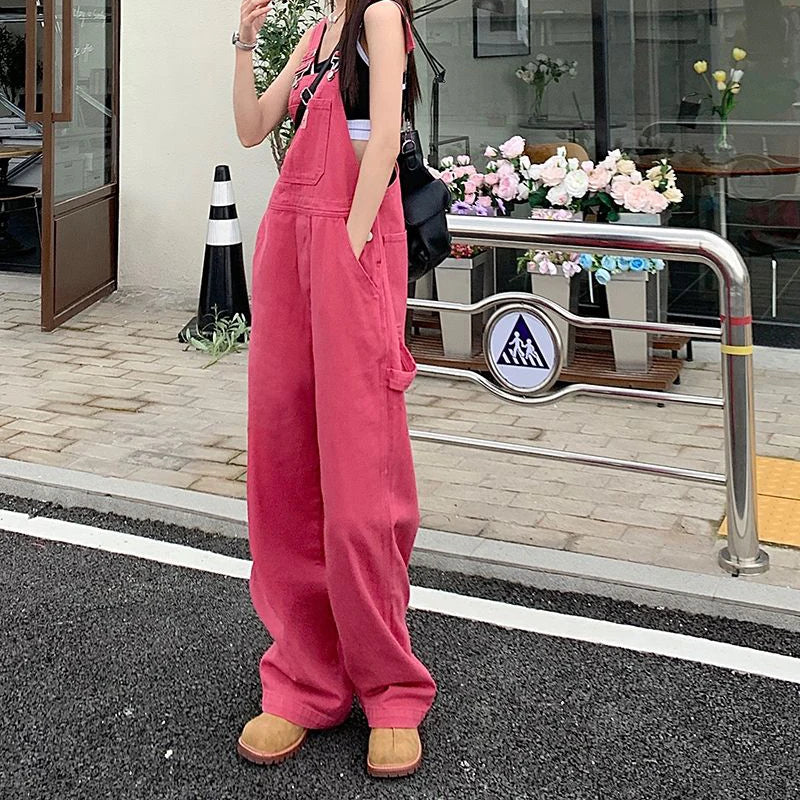 Koisoon Women Denim Overalls Korean Casual Big Pocket Loose Jumpsuit Summer Fashion All Match Jeans Female Streetwear Trousers New