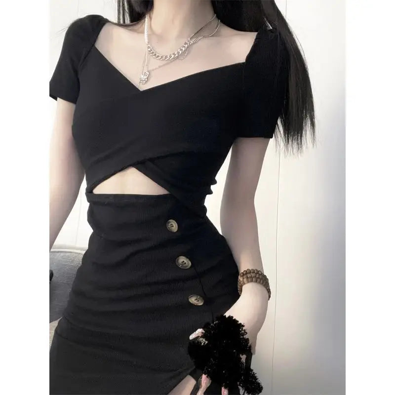 Koisoon Vintage Women Korean Dress Casual Sexy Hollow Out Midi Dresses Elegant Female Designed Buttons Slit Ball Gown Dress New