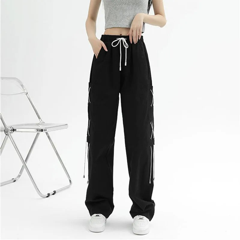 Koisoon Vintage Oversize Solid Cargo Pants Women New Harajuku Streetwear Hip Hop Wide Leg Drawstring Elastic Waist Baggy Casual Trousers