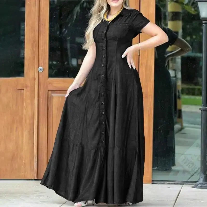 Koisoon Short Sleeve Female Dress With Pockets Loose Big Swing Clothing Denim Elegant Casual Outfits Solid Color Long Dresses