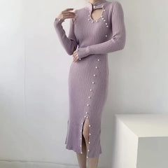 Koisoon Beading Knitted Bodycon Dress Elegant Lady Club Party Dress Autumn Ribbed Sexy Hollow Out Split Midi Dresses Women Robes