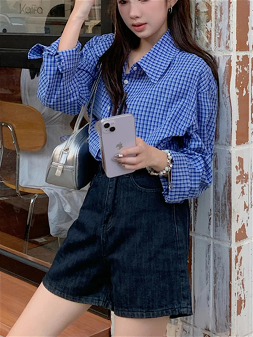 Koisoon 2024 Blue Shirts Plaid Chic Women Fashion Slim New Autumn Loose Full Sleeve Casual All Match High Street Work Wear